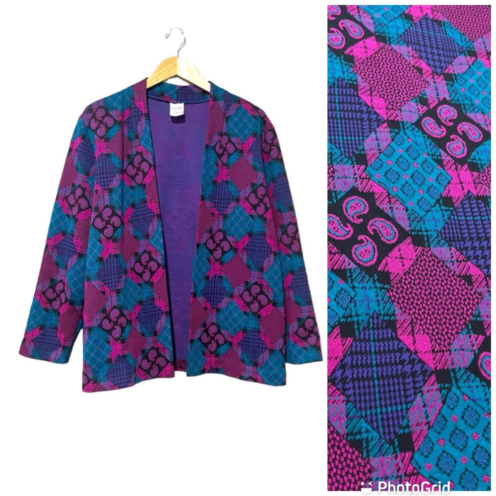 Vintage Sweater Blazer Size 12 70s 80s Funky Paisley Diamond Open Front Jacket